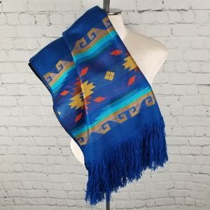Blue fringe Aztec western tribal shawl scarf
